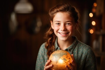 Naklejka premium Cheerful headshot photo of a young girl with freckles and two braids holding a globe. Generative AI