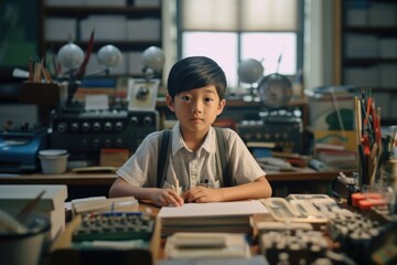 Obraz premium An engaging candid shot of a boy sitting at his new desk, eagerly unpacking his school supplies. Generative AI