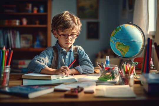 An engaging candid shot of a boy sitting at his new desk, eagerly unpacking his school supplies. Generative AI