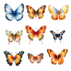 collection of real butterflies like Peacock butterfly brimstone in watercolor design isolated against transparent background