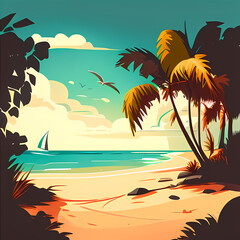  Illustration of a beach with palm trees and sea.
