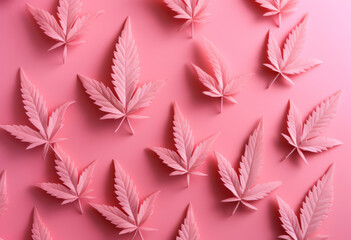 Overhead flat lay of pink marijuana cannabis leaves on a pink background - obrazy, fototapety, plakaty