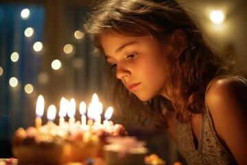 A profile view of a teenage girl making a wish before blowing out her birthday candles. Generative AI