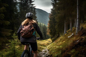 Fototapeta premium Mountain Bike Bliss - Woman Riding a Bike in the Mountains - Generative AI