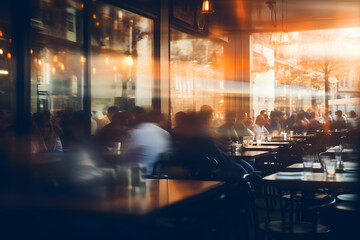 Fototapeta na wymiar Vibrant Blurred Restaurant Scene with People - Generative AI