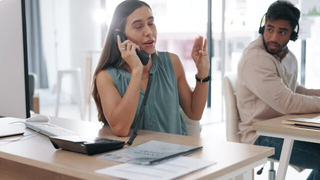 Woman, phone call and frustrated with working in office, crm or problem with client, customer or talking on telephone. Funny, person and laughing with consultant or friend in consulting business