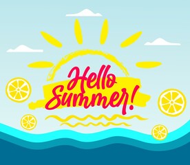 Hello Summer Background. Hello summer illustration concept design. Hello summer text with colorful elements like palm tree, leaves, umbrella and flamingo for tropical holiday season background. 