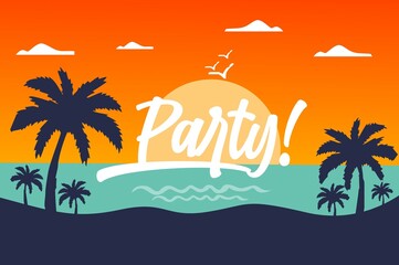 Fototapeta na wymiar Party Background. Party illustration concept design. Party text with colorful elements like palm tree, leaves, tropical holiday season background. 