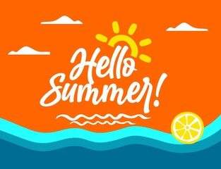 Hello Summer Background. Hello summer illustration concept design. Hello summer text with colorful elements like palm tree, leaves, umbrella and flamingo for tropical holiday season background. 
