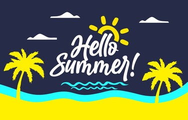 Fototapeta na wymiar Hello Summer Background. Hello summer illustration concept design. Hello summer text with colorful elements like palm tree, leaves, umbrella and flamingo for tropical holiday season background. 