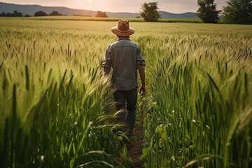 Naklejka na ściany i meble Rear view of farmer walking in a green wheat field. Generative AI