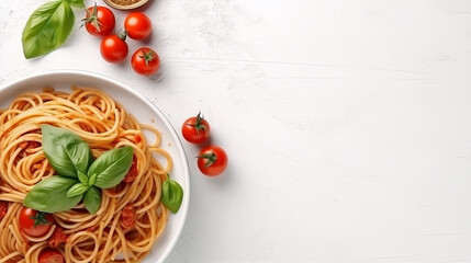 Spaghetti with bolognese sauce, basil, tomato isolated on white background, Italian pasta on white plate, text copy space, top down view, view from above, flat lay, banner design. generative ai