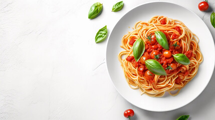 Top view of spaghetti with bolognese sauce, basil, tomato isolated on white background, Italian pasta on white plate, text copy space, view from above, flat lay, banner design. generative ai