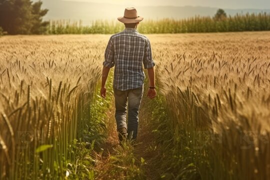 Rear view of farmer walking in a green wheat field. Generative AI