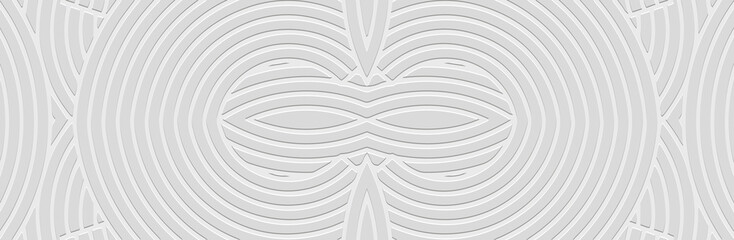 Decorative banner, cover design. Embossed 3D boho pattern of lines and contours. Geometric white background. Tribal color, heritage of the peoples of the East, Asia, India, Mexico, Aztec, Peru.