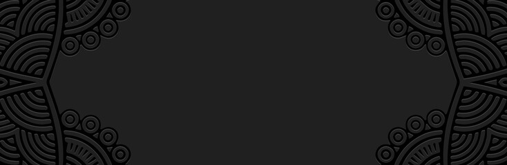 Art banner, cover design. Embossed 3D boho pattern, handmade. Geometric black background, place for text. Tribal color, heritage of the peoples of the East, Asia, India, Mexico, Aztec, Peru.