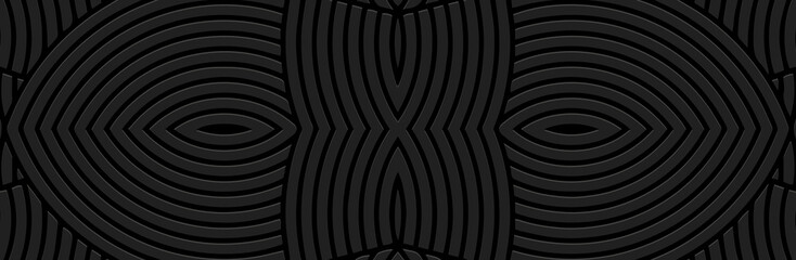 Original banner, cover design. Embossed 3D boho pattern of lines and contours. Geometric black background. Tribal color, heritage of the peoples of the East, Asia, India, Mexico, Aztec, Peru.