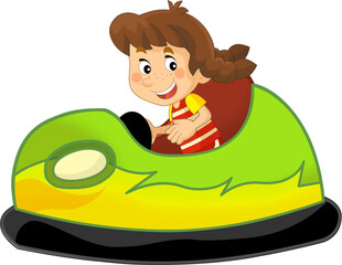 cartoon scene with kid girl driving funfair colorful bumper car isolated illustration for children