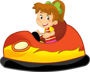 cartoon scene with kid girl driving funfair colorful bumper car isolated illustration for children