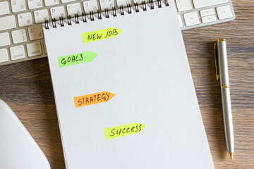 On a wooden table is a keyboard and mouse, a pen with a notepad with stickers with inscriptions on it.