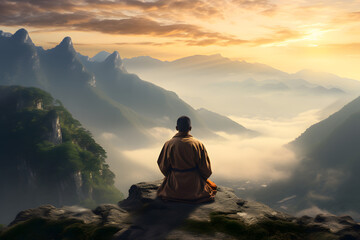 Obraz premium Sunrise Meditation on the Mountain - Generative AI