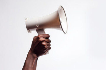 African american persons hand holding an announcement megaphone