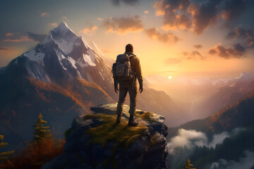 Summit Serenity: Backpacker Standing on Mountain at Sunrise - Generative AI
