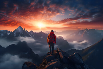 Summit Serenity: Backpacker Standing on Mountain at Sunrise - Generative AI