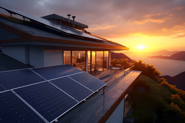 Fototapeta premium Sunset Solar Panels on Rooftop - Generative AI