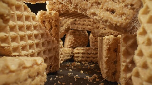 Pile of tasty wafers. Stack of sweets cookies. Food concept. Dolly shot using probe lens. Camera moving out. Cookies tunnel. Close-up in 4K, UHD