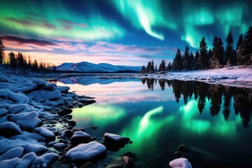 a lake with snow and trees and a colorful sky