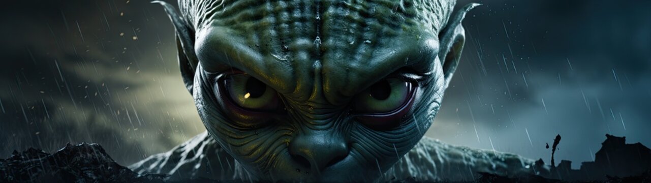 a close up of a green alien face