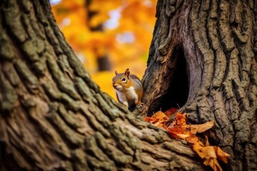 a squirrel standing in a hole in a tree