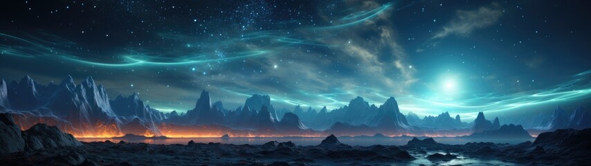 a landscape of mountains and water with stars and clouds
