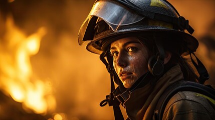 a woman wearing a firefighter helmet