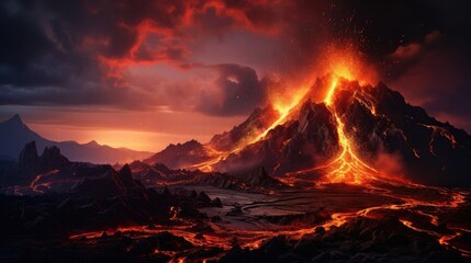 a volcano erupting with lava coming out of the mountains - obrazy, fototapety, plakaty