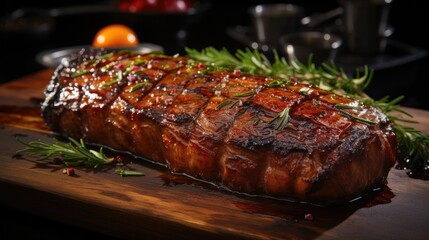 a large piece of meat with herbs on a wooden surface