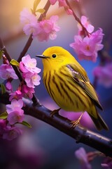 Fototapeta premium Yellow Bird Placed on a Wooden Stick, Professional Shot, Pink Flowers around Him, Nature Shot. Generative AI