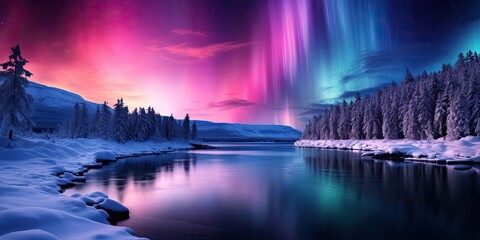 a lake with snow and trees and a colorful sky