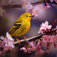Fototapeta premium Yellow Bird Placed on a Wooden Stick, Professional Shot, Pink Flowers around Him, Nature Shot. Generative AI