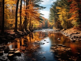 Obraz premium a river with trees and rocks in the foreground