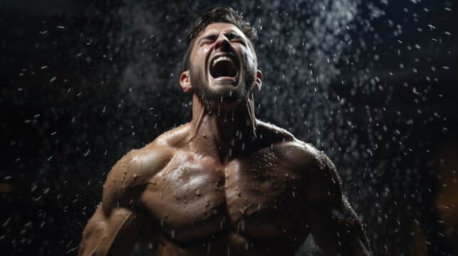 a man with no shirt screaming in rain