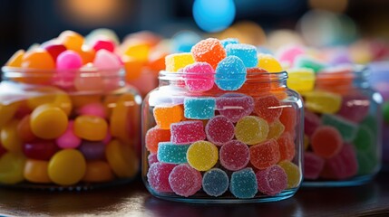 a group of glass jars filled with colorful candy