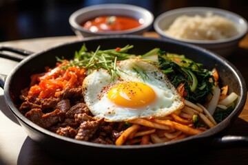 a bowl of food with a fried egg and vegetables