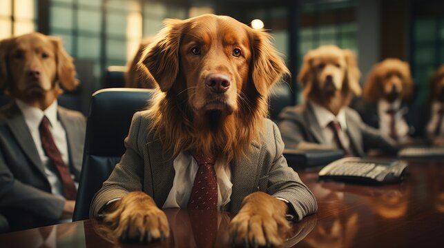 a dog in a suit and tie sitting at a desk