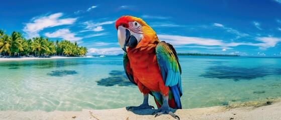 Go Pro Shot of a Colorful Parrot standing in front of the Ocean of Rio. Generative AI.