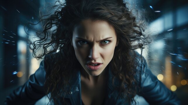 a woman with curly hair looking angry