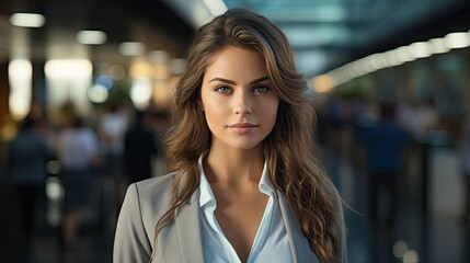 Obraz premium a woman with long brown hair wearing a grey suit