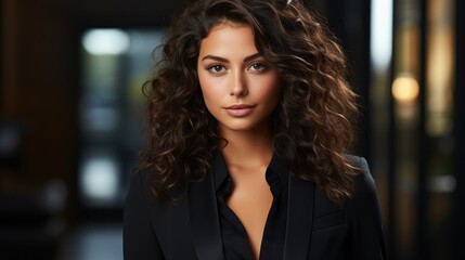Obraz premium a woman with curly brown hair wearing a black suit