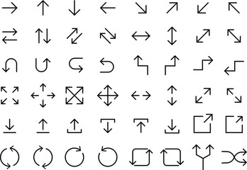 黒の線のシンプルな矢印のアイコンのバリエーションセット